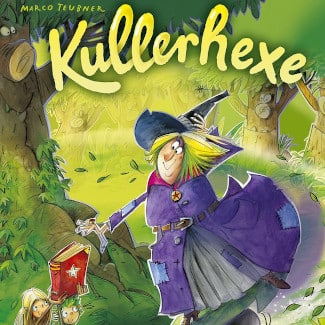 Kullerhexe Geschicklichkeitsspiel Hexe in lila Kleid mit Zauberhut eilt durch den Wald